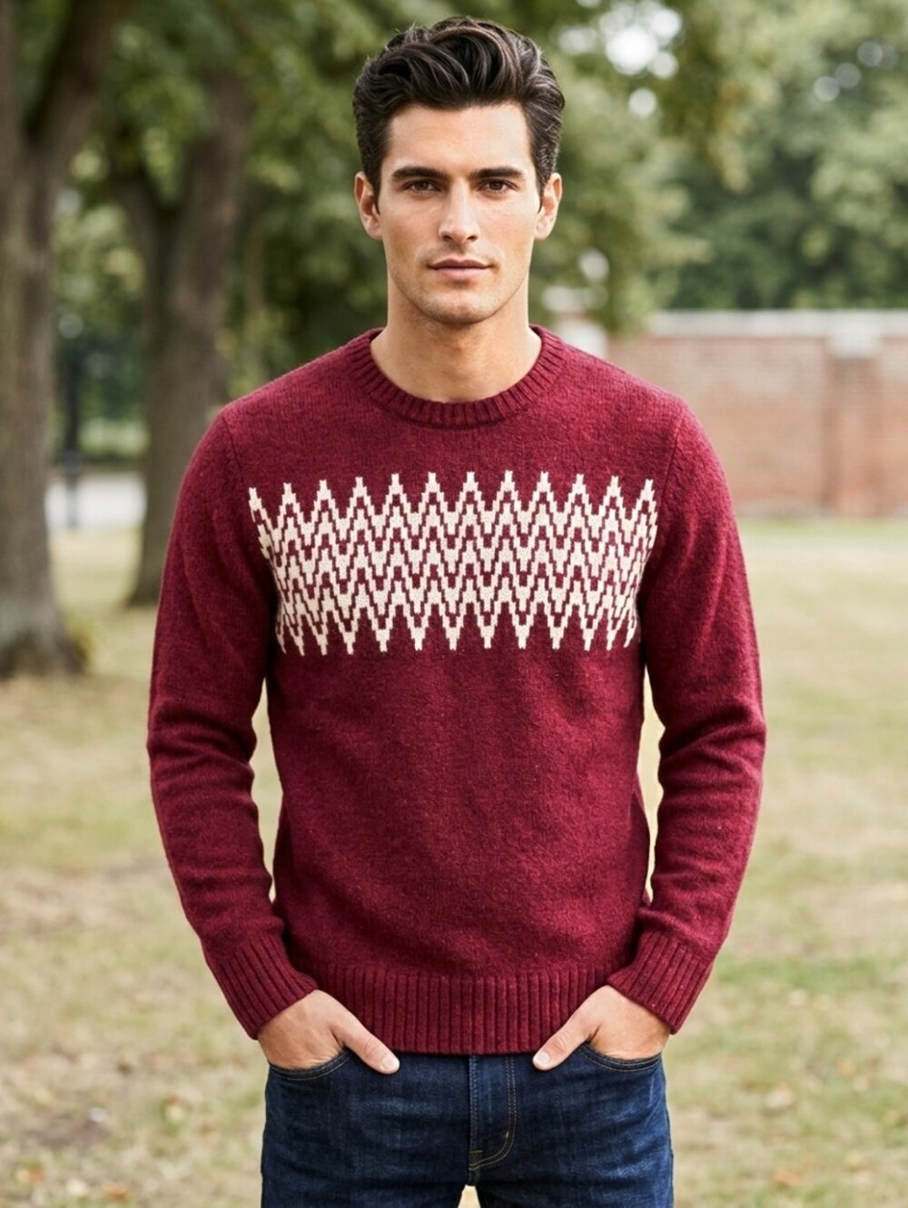 H&M Red Crewneck Sweater with White Fair Isle Pattern Size M